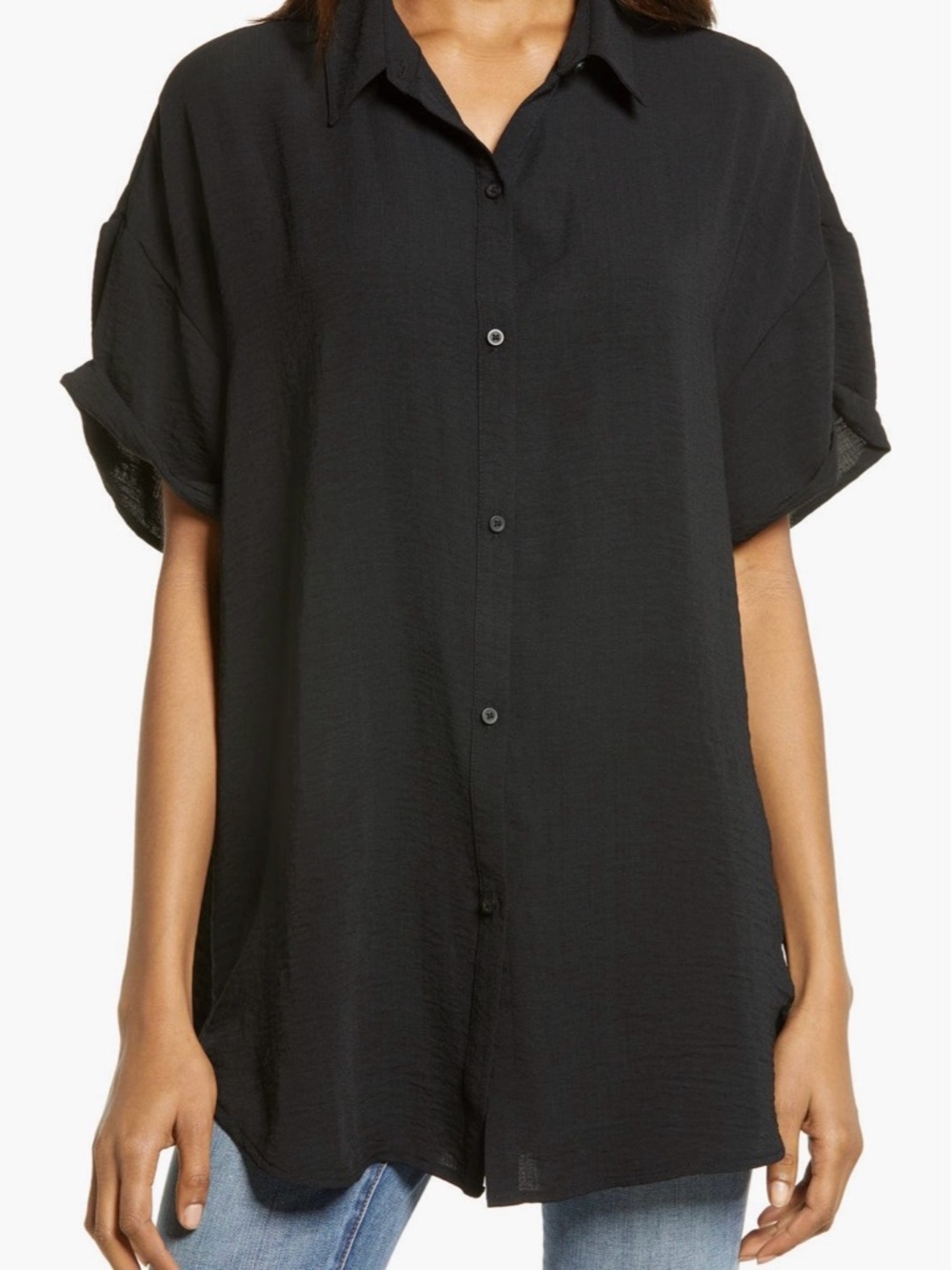 Treasure & Bond Black Button-Front Short-Sleeve Tunic